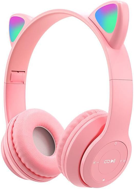 Wireless Bluetooth 5.0 Girls Headphones, Foldable Cat Ear Headsets Over Ear with Colorful LED Lights, 50mm Driver Unit, for iPhone/iPad/Smartphones/Laptop/PC/TV