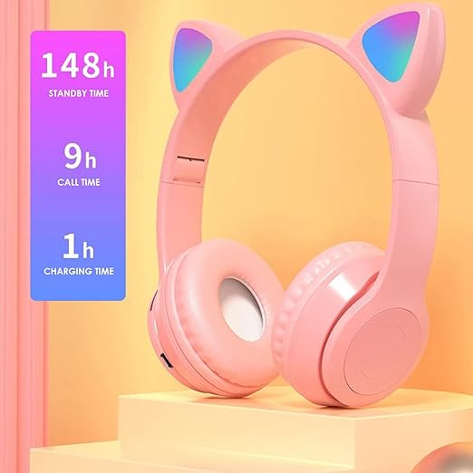 Wireless Bluetooth 5.0 Girls Headphones, Foldable Cat Ear Headsets Over Ear with Colorful LED Lights, 50mm Driver Unit, for iPhone/iPad/Smartphones/Laptop/PC/TV